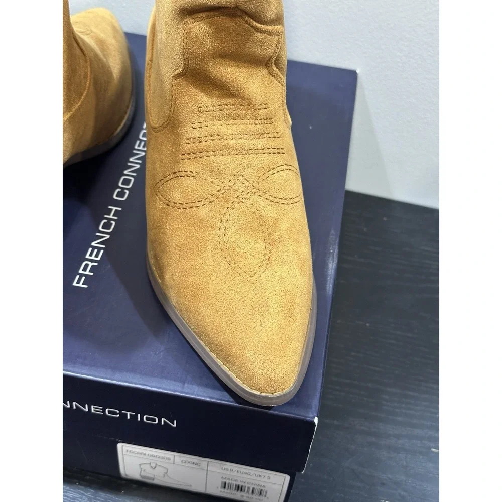 FRENCH CONNECTION COGNAC VEGAN LEATHER SUEDE WOMEN'S COWBOY STYLE BOOTS SZ 9 NIB